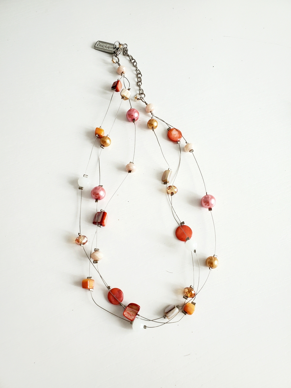 Three-Strand Pink, Orange & Gold Bead Necklace with Adjustable Chain